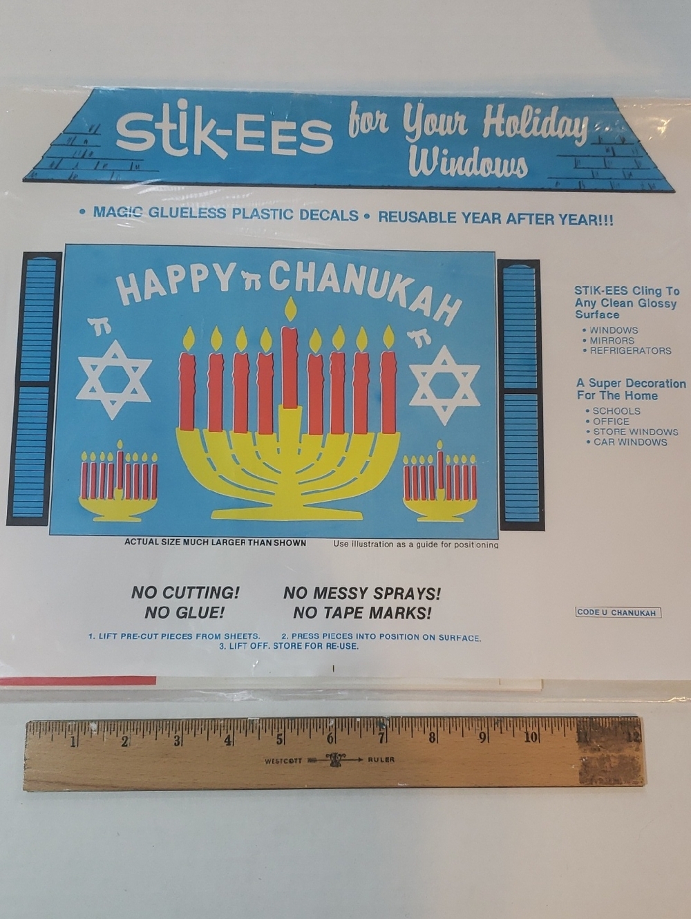 Vintage Stik-Ees Holiday Window Decal - Happy Chanukah Hannukah Menorah